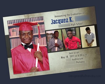 Large Graduation Announcement Postcards with 4 photos, Great for Party Invitations - Masculine or Athletic Look - Red, Black & Tan Card