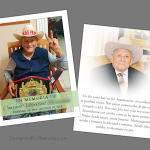 Custom Memorial Cards in Spanish, English or Any Other Language - Double Sided with Photos - Unique Funeral Thank You Card with Poem