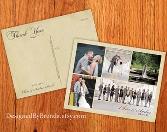 Vintage Wedding Thank You Postcards with Multiple Photos - Printed on 100 lb. Recycled Matte Card Stock - Free Shipping - Rustic Feel