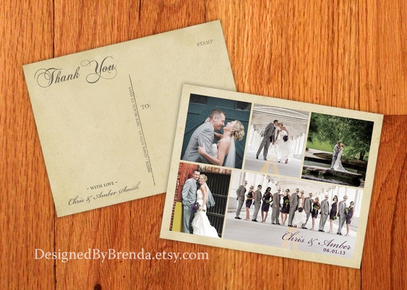 Vintage Wedding Thank You Postcards with Multiple Photos - Printed on 100 lb. Recycled Matte Card Stock - Free Shipping - Rustic Feel