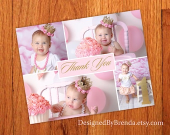 Pink and Gold Birthday Thank You Postcard with Photos - Cute Custom Design - Sweet Look for Little Girl's 1st Birthday - Any Age or Colors