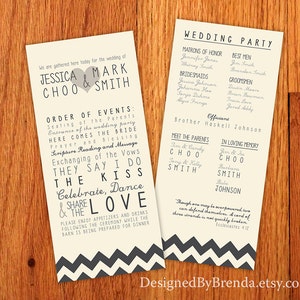 May include: A wedding program with a black and white chevron pattern. The program lists the order of events for the wedding of Jessica Choo and Mark Smith, including the wedding party, officiant, and parents. The program also includes a quote from Ecclesiastes 4:12.