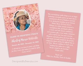 Pink Roses Memorial Card with Photo and Thank You Message - Double Sided Funeral Card - Beautiful Floral Celebration of Life Card with Rose