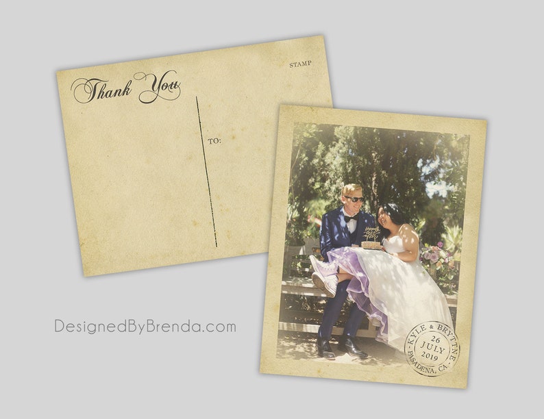 Vintage Wedding Thank You Postcards with Postmark & Photo Personalized Rustic Card Recycled Cardstock Matte Finish Custom Designed image 4