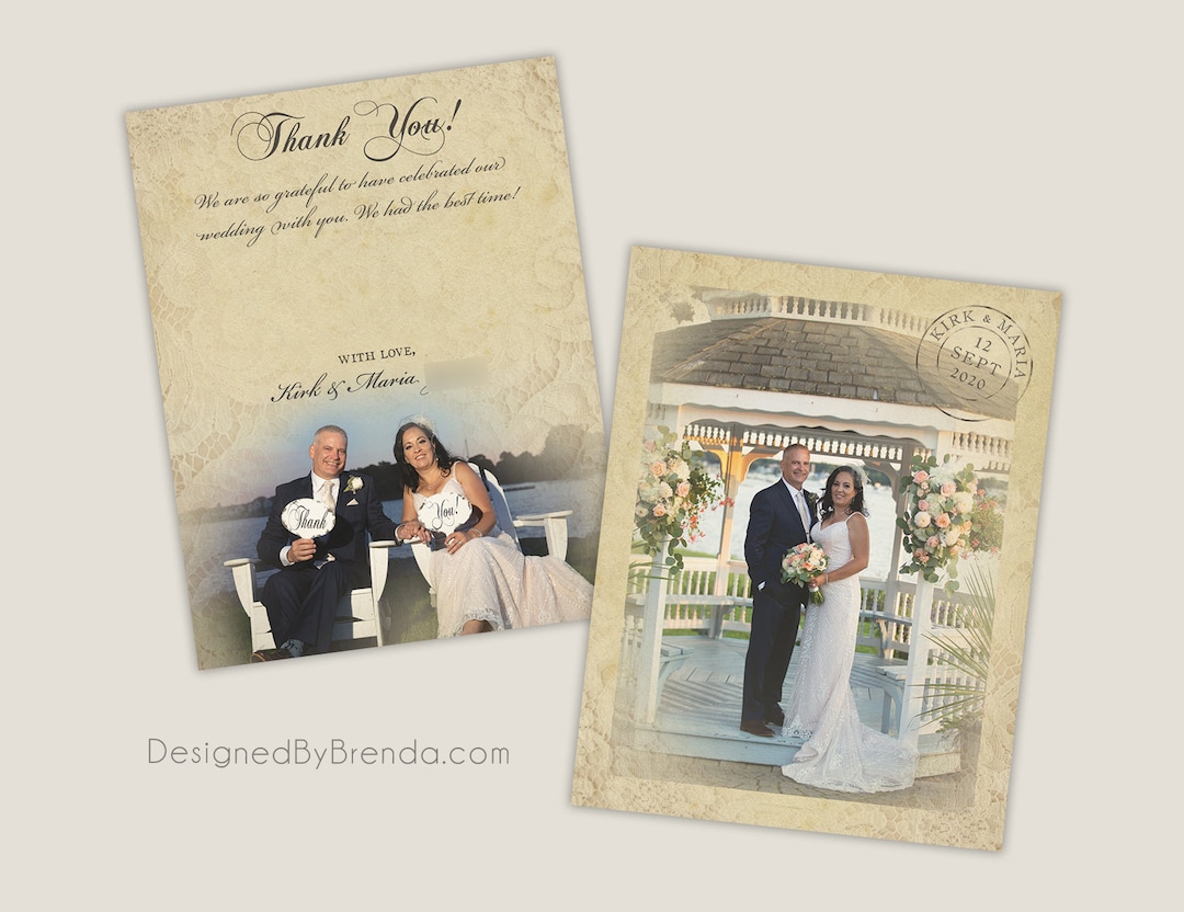 Vintage Lace Overlay Wedding Thank You Postcards With Rustic Photos ...