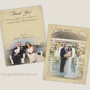Vintage Lace Overlay Wedding Thank You Postcards With Rustic Photos ...