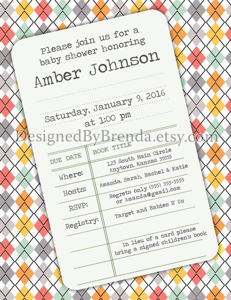 Library Card Baby Shower Invitation on Colorful Argyle Print Etsy