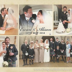 K&ouml;nnte beinhalten: Eine Hochzeitscollage mit einem Paar, das seine Heiratsurkunde unterschreibt, einer Braut und einem Br&auml;utigam in einem Auto, einer Hochzeitstorte und einer Gruppe von Hochzeitsg&auml;sten. Die Collage ist mit einem Hintergrund im Vintage-Stil und dem Text "Ewan & Alison 10th May 2014" verziert.