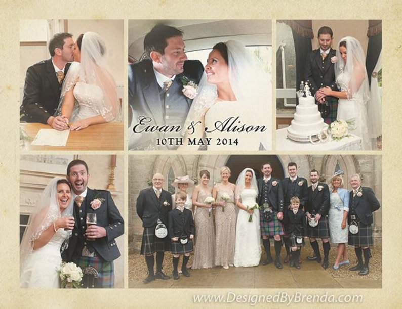 K&ouml;nnte beinhalten: Eine Hochzeitscollage mit einem Paar, das seine Heiratsurkunde unterschreibt, einer Braut und einem Br&auml;utigam in einem Auto, einer Hochzeitstorte und einer Gruppe von Hochzeitsg&auml;sten. Die Collage ist mit einem Hintergrund im Vintage-Stil und dem Text "Ewan & Alison 10th May 2014" verziert.