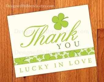 Shamrock Lucky in Love Thank You Cards - Folded Four Leaf Clover Note - Printable file option - Perfect for Bridal Shower or Wedding