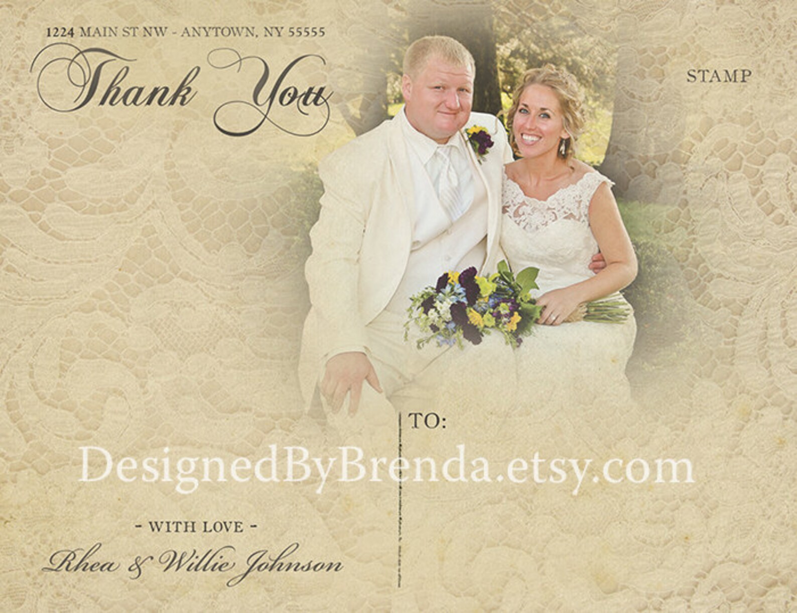 Vintage Lace Overlay Wedding Thank You Postcards With Rustic Photos ...