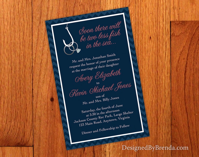 Two Less Fish in the Sea Wedding Invitation Coral & Navy Blue can be any colors Rings on Fishing Hook RSVP Cards can be added Custom image 1