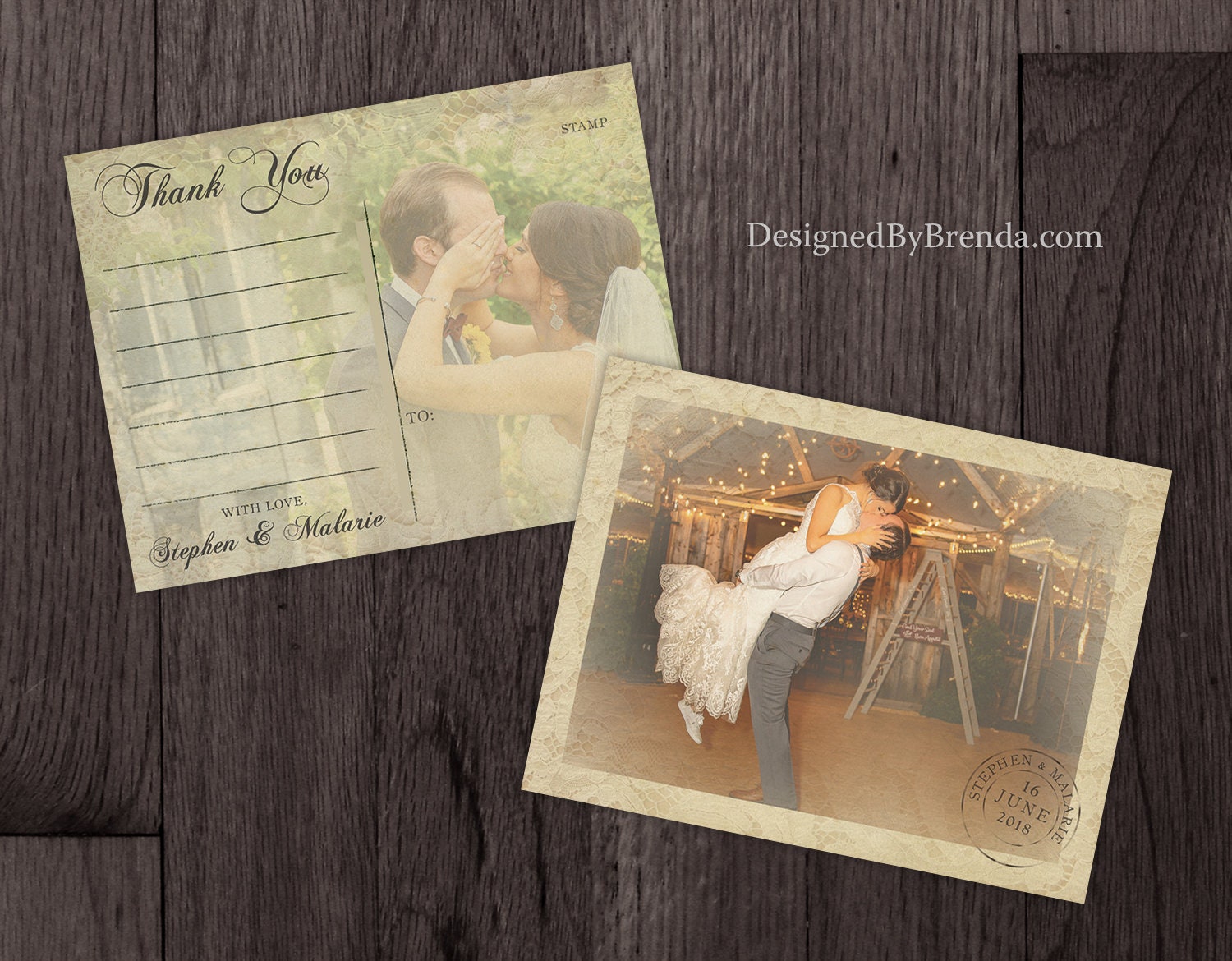 Vintage Lace Overlay Wedding Thank You Postcards With Rustic Photos ...