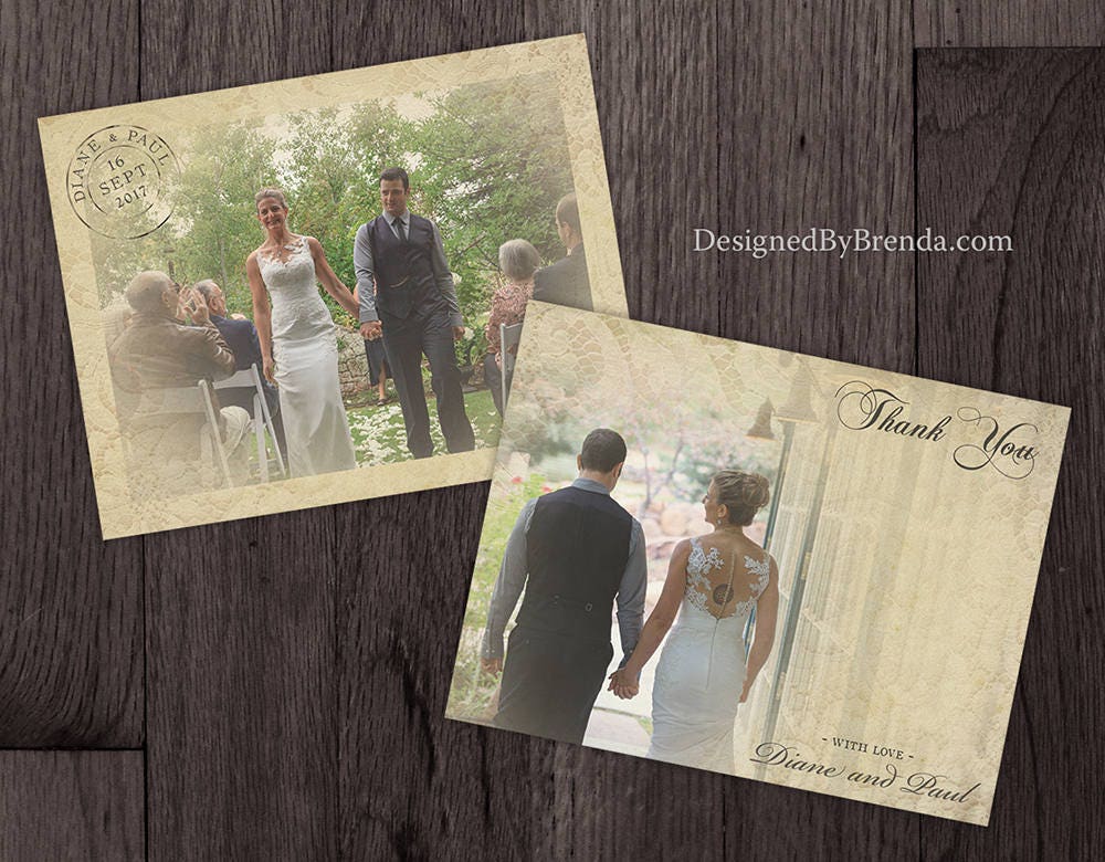 Vintage Lace Overlay Wedding Thank You Postcards With Rustic Photos ...