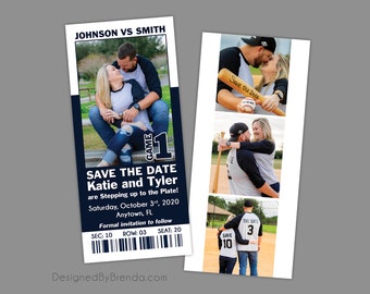 Baseball Ticket Save the Date Card with Multiple Photos - Double Sided Card with Pictures on Back - Can be used for Sports Wedding Shower