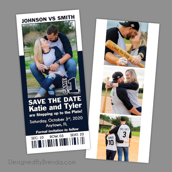 Baseball Ticket Save the Date Card with Multiple Photos - Double Sided Card with Pictures on Back - Can be used for Sports Wedding Shower
