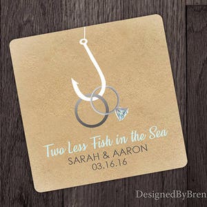 Two Less Fish in the Sea Paper Coaster - Inexpensive Wedding Favor - Rings on Fishing Hook - Custom Design, Any Colors - Destination Wedding