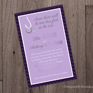 Two Less Fish in the Sea Wedding Invitation Coral & Navy Blue can be any colors Rings on Fishing Hook RSVP Cards can be added Custom image 5