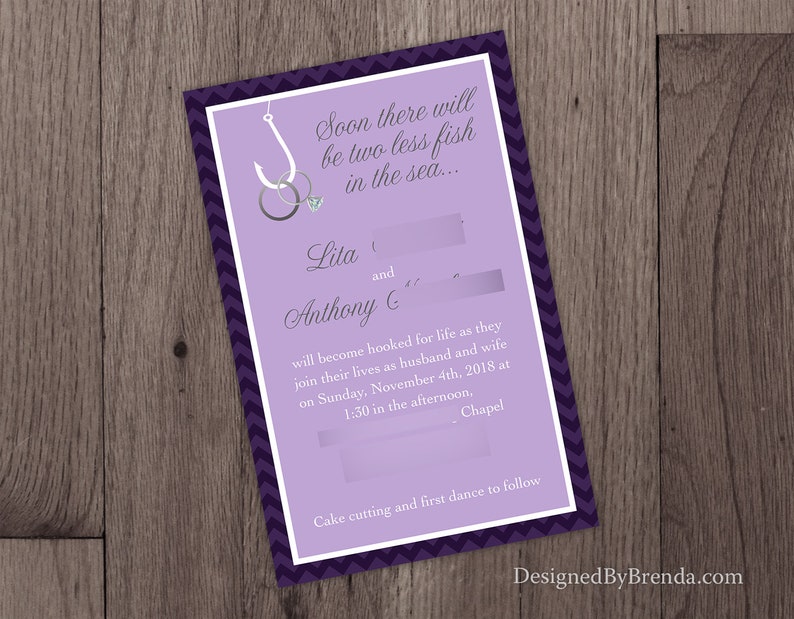 Two Less Fish in the Sea Wedding Invitation Coral & Navy Blue can be any colors Rings on Fishing Hook RSVP Cards can be added Custom image 5
