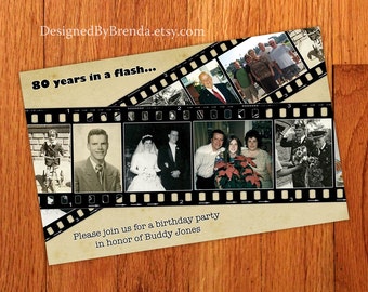 Vintage In a Flash Birthday Invitation - with Filmstrip & Multiple Photos - Any age (50th 60th 70th 80th 90th 95th 100th) - White Envelopes