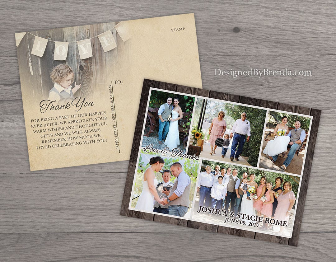 Wedding Thank You Card With Custom Photo Collage on Rustic Wood ...