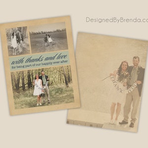 K&ouml;nnte beinhalten: Eine Dankeskarte zur Hochzeit mit rustikalem braunen Hintergrund und drei Fotos. Die Fotos zeigen das Paar in verschiedenen Umgebungen. Der Text auf der Karte lautet "with thanks and love for being part of our happily ever after".
