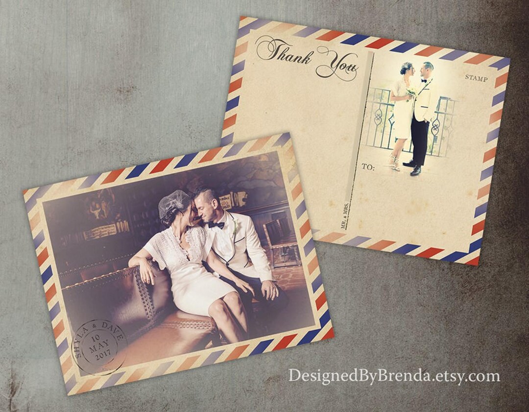 Vintage Air Mail Wedding Thank You Postcards With Photo - Recycled ...