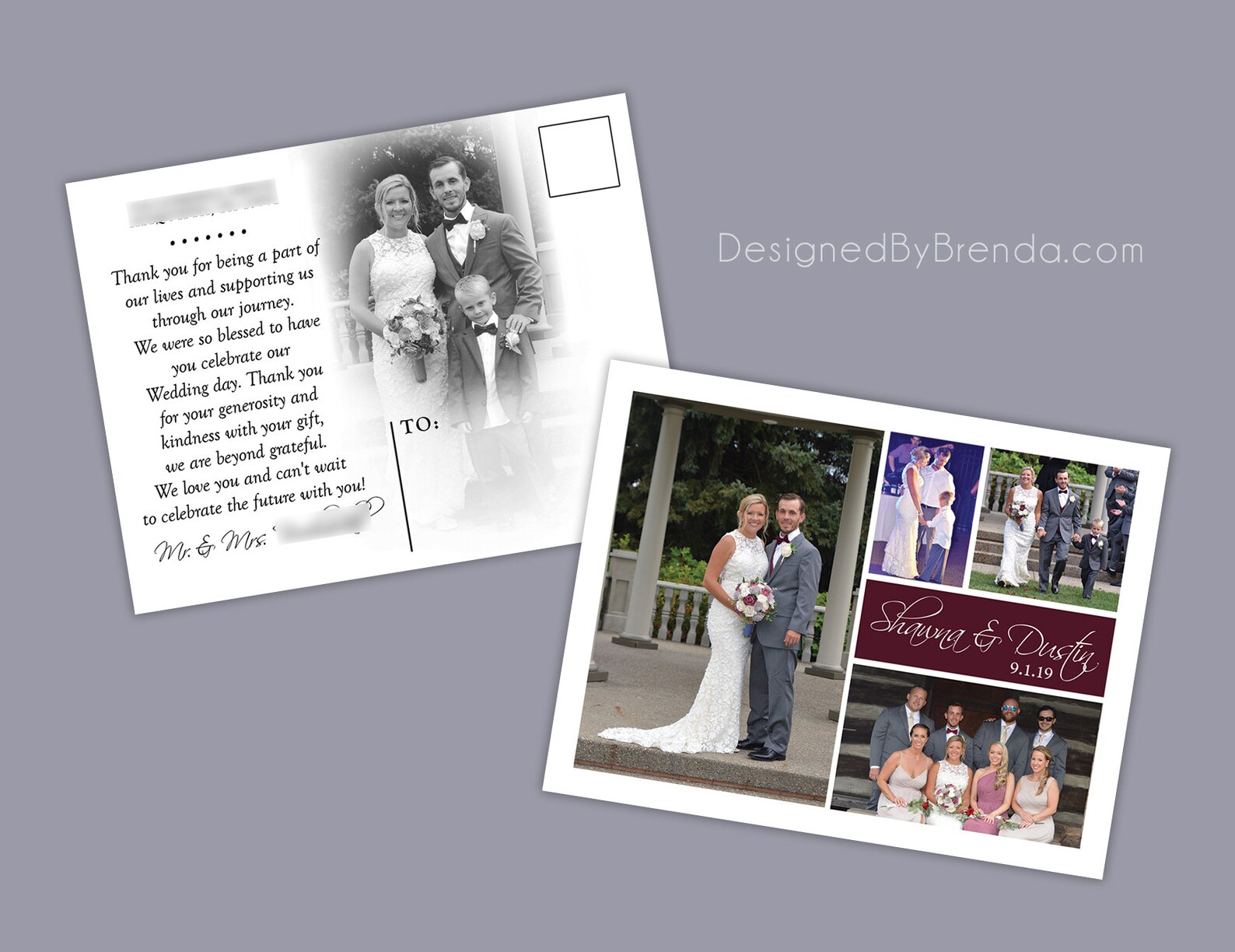 Wedding Thank You Postcards With Image on Back - Purple Block Can Be ...