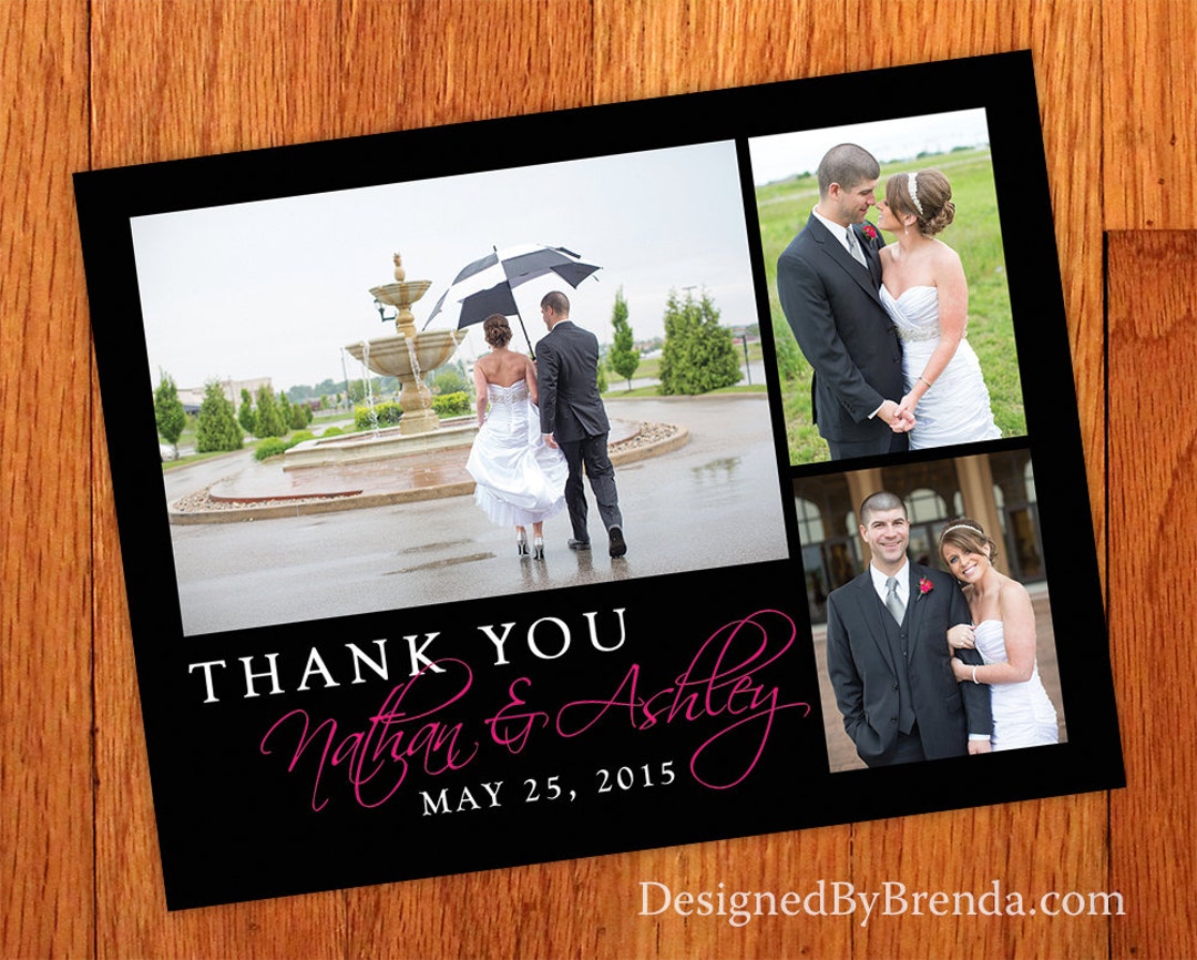Wedding Thank You Card With Modern Photo Collage - Pink & Black Can Be ...