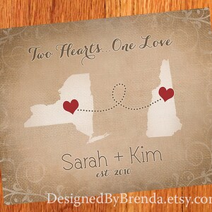 Vintage Style States Hearts Print - Wedding / Valentines Gift for Couple - Long Distance Love Map, Personalized Heart Locations, Burlap Look