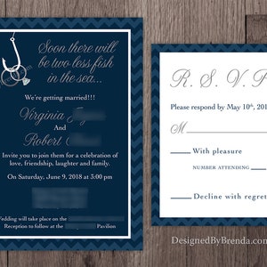 Two Less Fish in the Sea Wedding Invitation Coral & Navy Blue can be any colors Rings on Fishing Hook RSVP Cards can be added Custom image 8