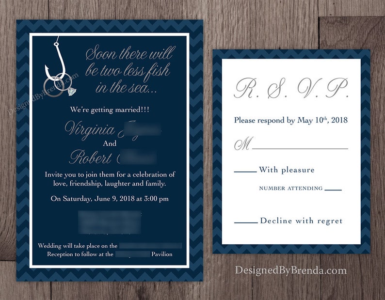 Two Less Fish in the Sea Wedding Invitation Coral & Navy Blue can be any colors Rings on Fishing Hook RSVP Cards can be added Custom image 8