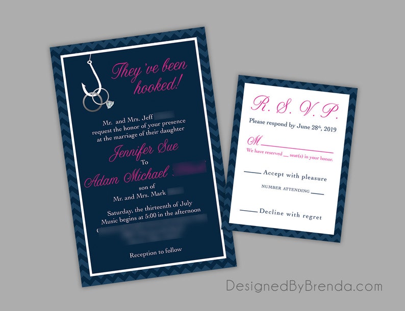 Two Less Fish in the Sea Wedding Invitation Coral & Navy Blue can be any colors Rings on Fishing Hook RSVP Cards can be added Custom image 3