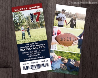 Ticket Save the Date Card with Multiple Photos - Double Sided Card with Pictures on Back - Sports Themed - Can be used for Wedding Shower