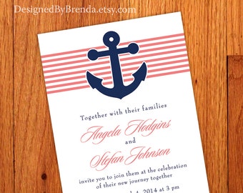 Nautical Anchor Wedding Invitation - Any Colors, Coral Stripes and Navy Blue - Boat, Ship, Yacht or Fisherman Wedding - Fun, Preppy Look