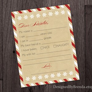 Rustikaler Brief an Santa Vorlage - Printable Sofortiger Download DIY - Kinderbrief mit Wunschliste - Fun Vintage Zuckerstangen gestreiften Rahmen