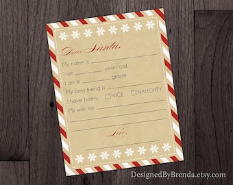 Rustikaler Brief an Santa Vorlage - Printable Sofortiger Download DIY - Kinderbrief mit Wunschliste - Fun Vintage Zuckerstangen gestreiften Rahmen