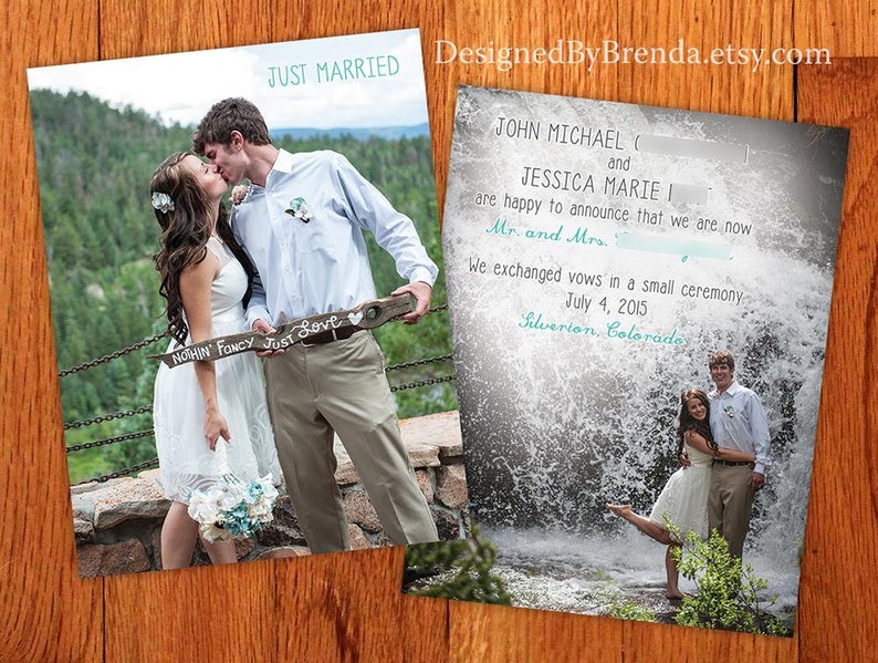 Just Married Wedding Announcements Double Sided Any Colors Photo on both sides Pefect for Destination Wedding or Elopement image 6