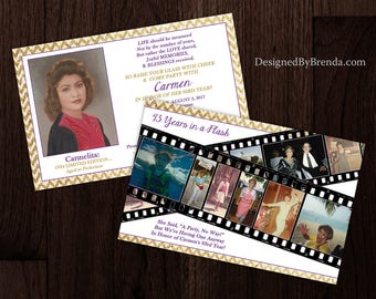 Flashy Sparkly Gold Chevron Birthday Invitation with Filmstrip Photo Collage, Double Sided Purple Card - Fun, Unique Invite for Woman or Man