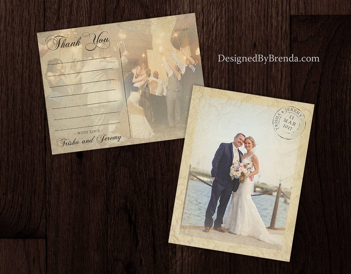 Vintage Lace Overlay Wedding Thank You Postcards With Rustic Photos ...