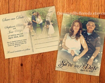 Rustic Double Sided Save the Date Postcard with Vintage Scroll Font & Photo - Custom STD Design with Personalized Wording and Photo on Back