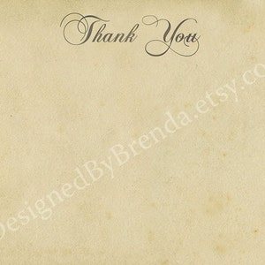 K&ouml;nnte beinhalten: Eine leere, cremefarbene, strukturierte Karte mit den Worten "Thank You" in Kursivschrift oben. Der Text "DesignedByBrenda.etsy.com" ist diagonal unten auf der Karte gedruckt.