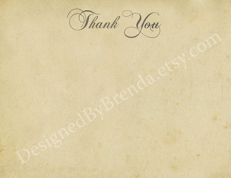 K&ouml;nnte beinhalten: Eine leere, cremefarbene, strukturierte Karte mit den Worten "Thank You" in Kursivschrift oben. Der Text "DesignedByBrenda.etsy.com" ist diagonal unten auf der Karte gedruckt.
