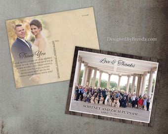 Barnwood Wedding Thank You Postcard with Rustic Feel - Love & Thanks - 1 Photo on Front, 1 Photo on Back - Double Sided w/ Vintage Wood Look