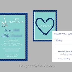 Two Less Fish in the Sea Wedding Invitation Coral & Navy Blue can be any colors Rings on Fishing Hook RSVP Cards can be added Custom image 2