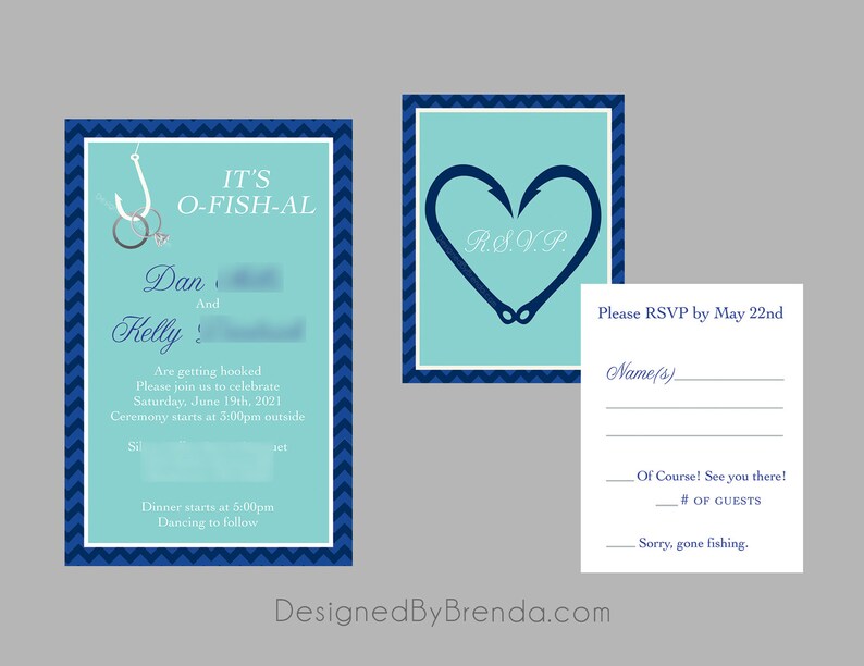 Two Less Fish in the Sea Wedding Invitation Coral & Navy Blue can be any colors Rings on Fishing Hook RSVP Cards can be added Custom image 2