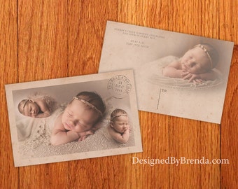 Vintage Style Baby Announcements with Blended Photo Collage and Rustic Postmark - Double Sided Postcard with Retro Pictures - Unique