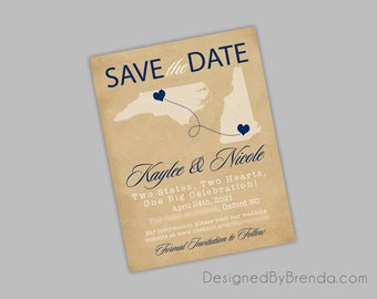 Vintage Save the Date Card with Two States & Hearts - Recycled Matte with Kraft look - Free Shipping - Rustic Hometown Cards - Any Locations
