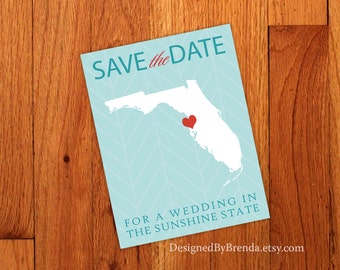 Save the Date For a Wedding in the Sunshine State Florida - Modern Chevron STD Postcard - Free Shipping - With photo on back - Aqua & Red