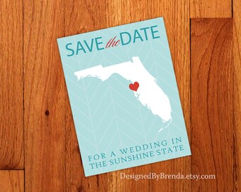 Save the Date For a Wedding in the Sunshine State Florida-Modern Chevron STD Postcard-Free Shipping-Mit Foto auf der Rückseite-Aqua & Red